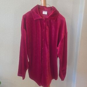 French Laundry, Red Velour Button-Up Shirt, Large